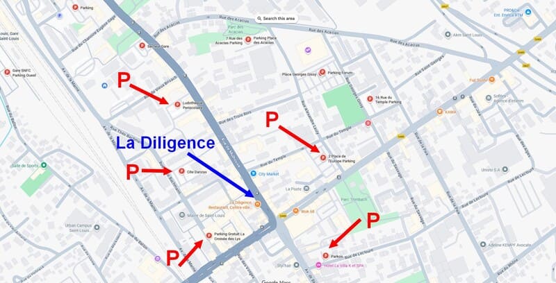 Carte des Parkings à proximité du Restaurant La Diligence Plan des parkings publics à proximité immédiate du restaurant La Diligence à Saint-Louis (68300), assurant un stationnement facile.
