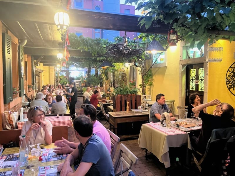 Vue de la terrasse extérieure ombragée et fleurie du restaurant La Diligence à Saint-Louis, propice aux repas estivaux.