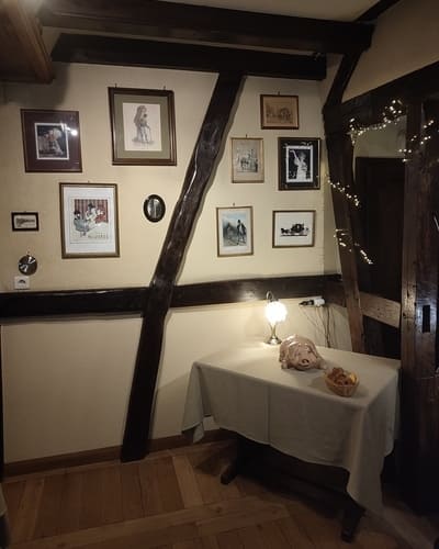 Salle de séminaires du restaurant La Diligence à Saint-Louis (68300). Le visuel montre une configuration professionnelle et chaleureuse, idéale pour les réunions de travail ou repas de groupe.